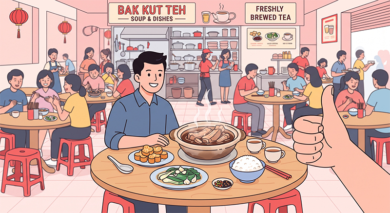 Diners enjoying bak kut teh at a bustling Klang restaurant